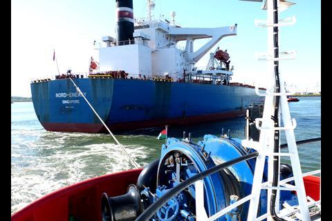 RT Adriaan is seen assisting the bulk carrier Nord-Energy using its forward towing winch